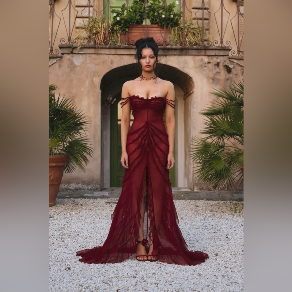 NWT Mirror Palais Cascading Silk Ruffle Gown Sangre Red SIZE XXL plus size